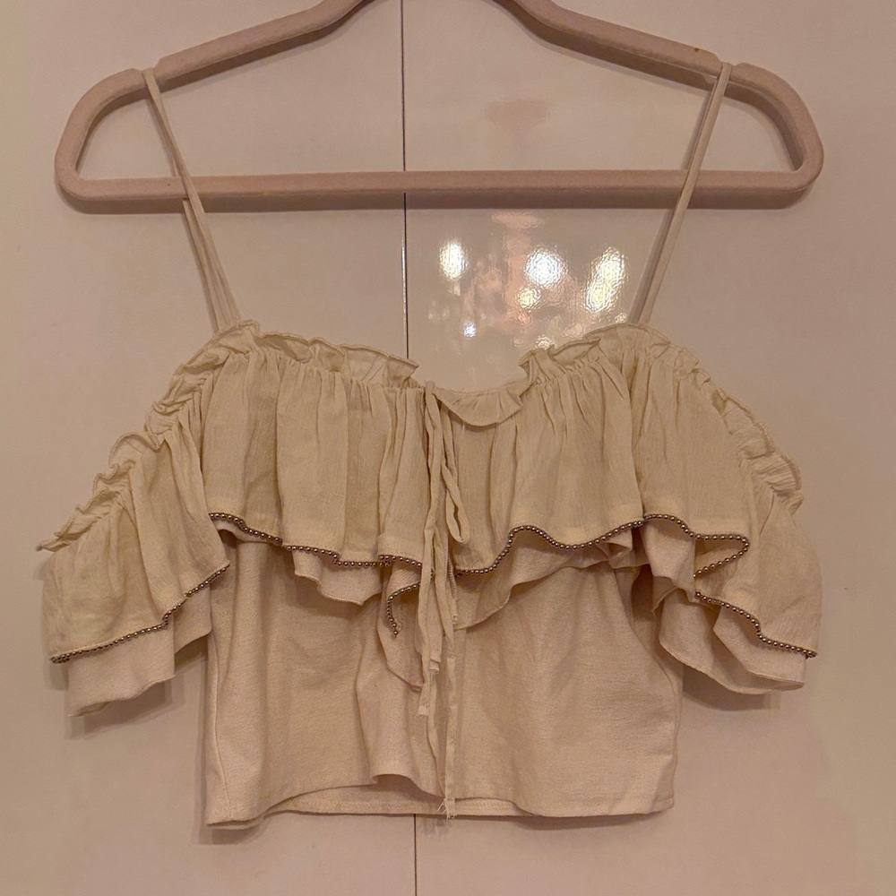 Zara Cream Ruffled Off-Shoulder Top